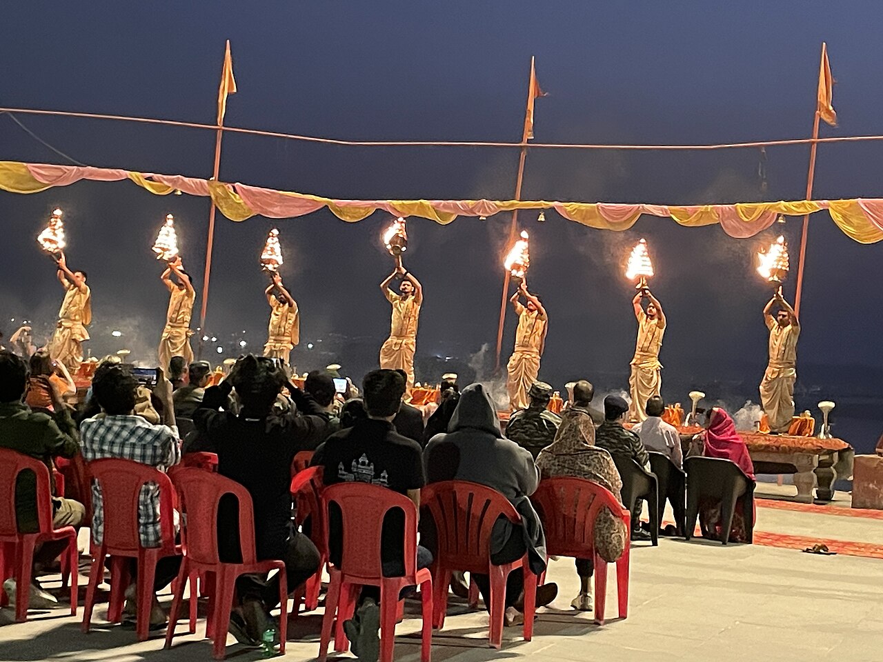 Morning Ganga aarti at Assi Ghat in Varanasi