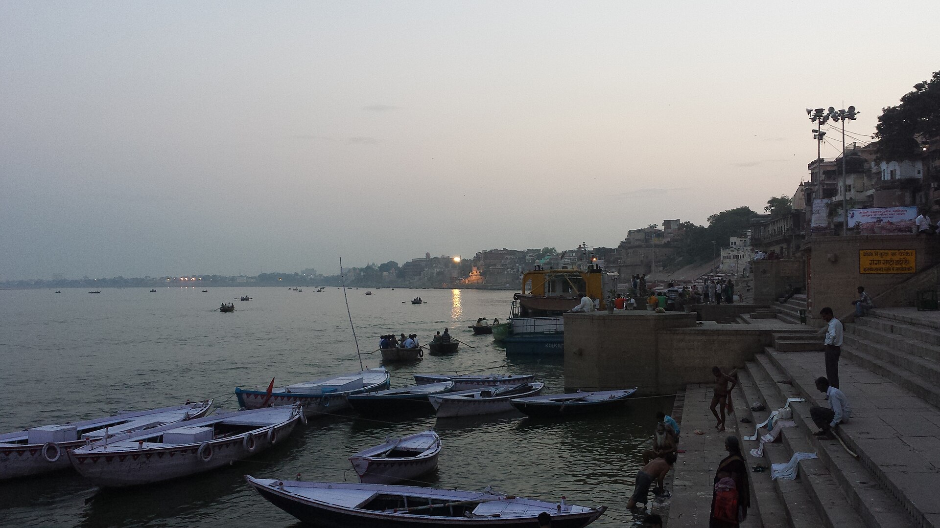 The Ganges river and Varanasi ghats at dusk